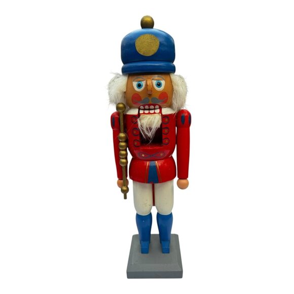 Vtg German Democratic Repubblic Nutcracker Wooden Soldier Red Blue Handmade 11" - Picture 1 of 11